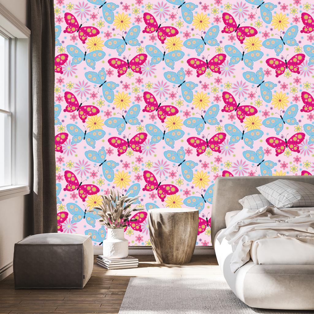Wallpaper Colorful butterflies flowers plants for living room and bedroom 50x1000