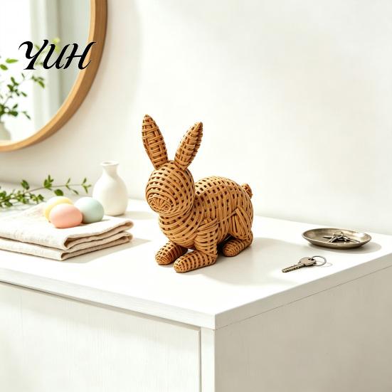 Weather Resistant Yard Art 3D Printed Wicker?Look Bunny Figurine, Rattan Texture Rabbit Statue, Tabletop Decorative Ornament for Indoor Outdoor