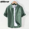 Breathable 100% Linens Shirt for Men Summer Short Sleeve Shirt Simple Style Casual Tops Square Collar Green Shirt with Pocket