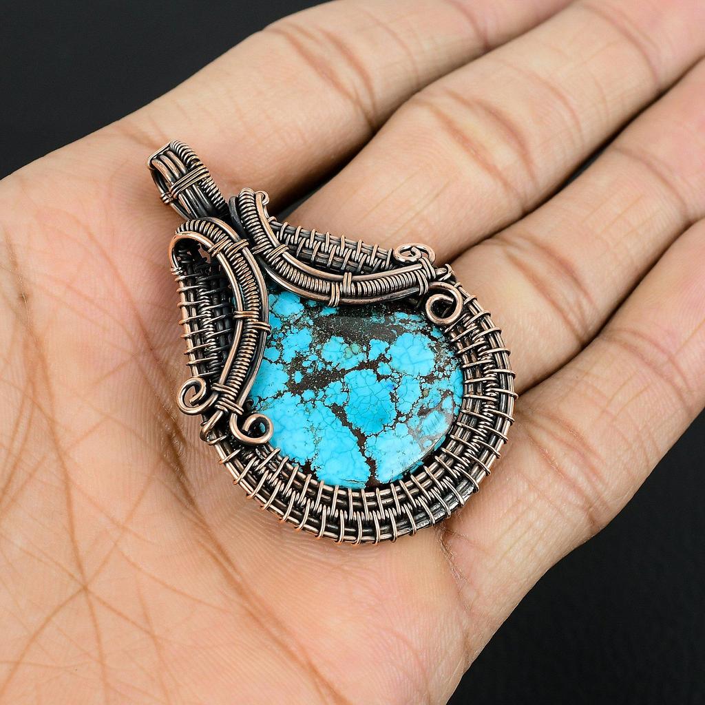 Tibetan Turquoise Pendant, 999 Copper Wire Wrapped Gemstone Jewelry, Handmade Pendant, For Thanksgiving