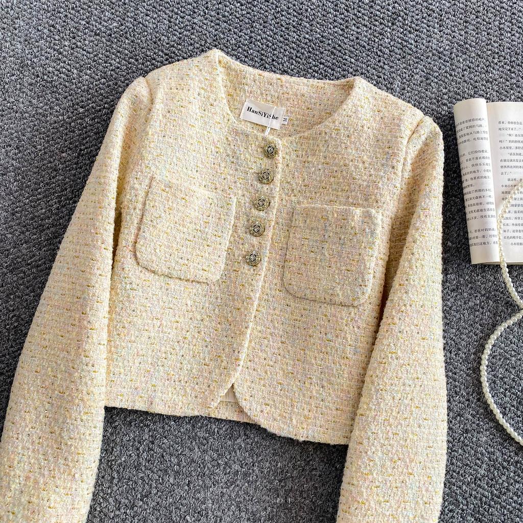 Осень Зима Женский Элегантный Маленький Ароматный Ветер Полный Рукав Однобортный Твидовый Короткий Пиджак Пальто С Карманом