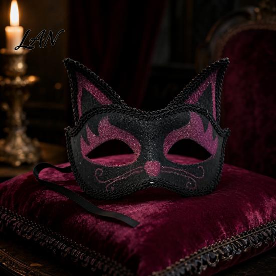 Decorative Party Mask Cat Half Face Mask, Halloween Glitter Venetian Masquerade Costume Accessory Rhinestone Ear for Cosplay