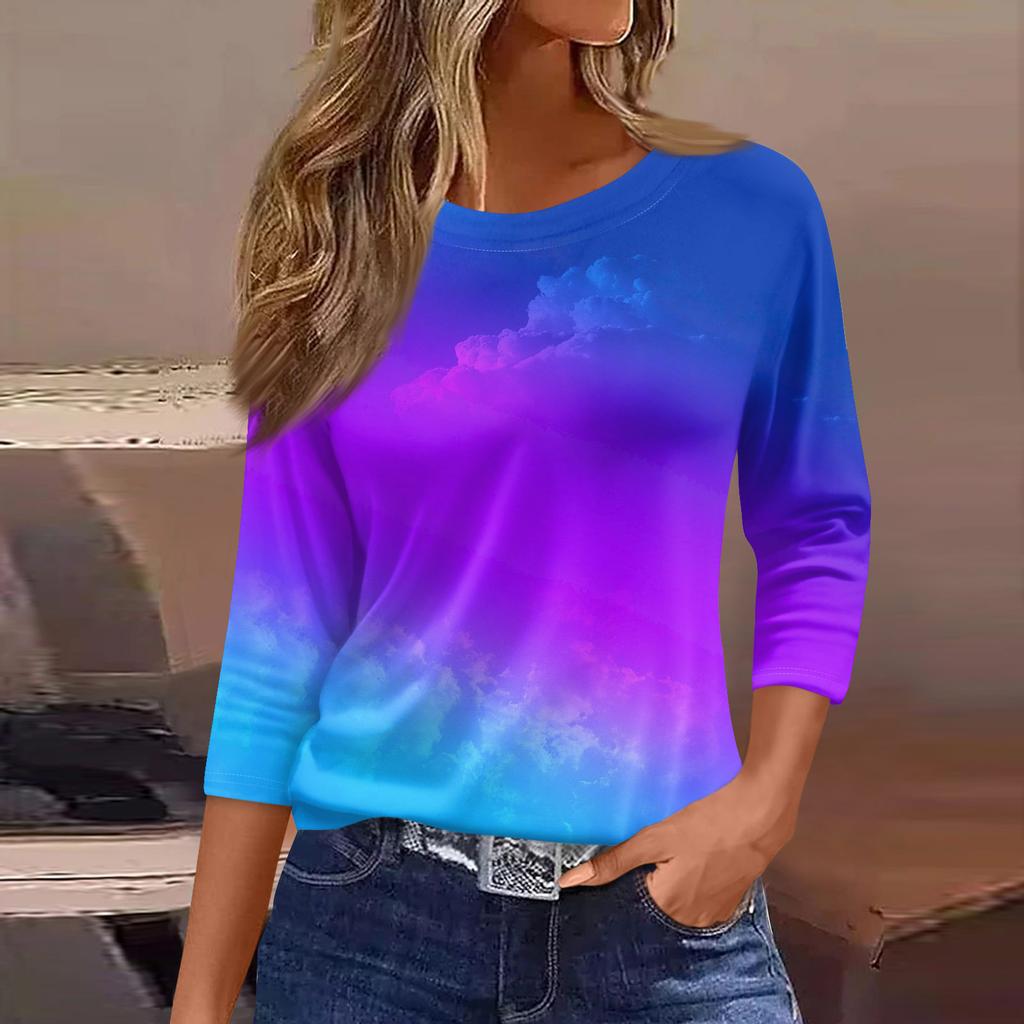 Женская Модная Повседневная Круглый Вырез 3/4 Рукава Свободная С Принтом Футболка Женский Топ