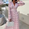Holiday French V-neck Waist Floral Slim Dress Spring Long-sleeved Dress