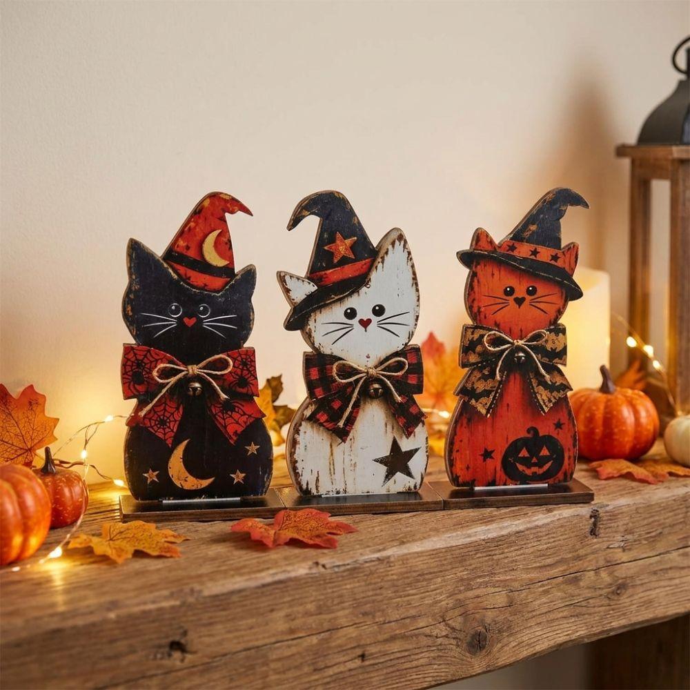 3Pcs Thickened 2D Flat Vintage Black Cat Tabletop Sign Retro Pumpkin Cat Craft Decor Autumn Harvest