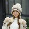 Women's Winter Velvet Rabbit Fur Knitted Wool Hat with Fur Ball and Earmuffs Beret.