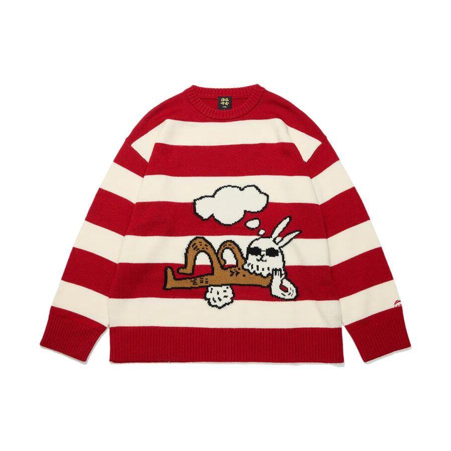 Li-Ning Striped Color-Block Cartoon Rabbit Intarsia Long Sleeve Sweater Unisex Tops Red AMBT009-1