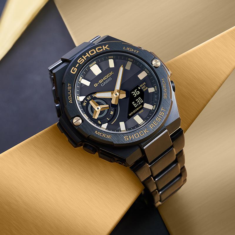 Casio Серия G-STEEL - Дисковый двойной дисплей Золотой Век Металл Солнечный Углеродный сердечник Спортивные часы Кварцевый механизм Ремешок из смолы Японский и GST-B500BD-1A9PFT