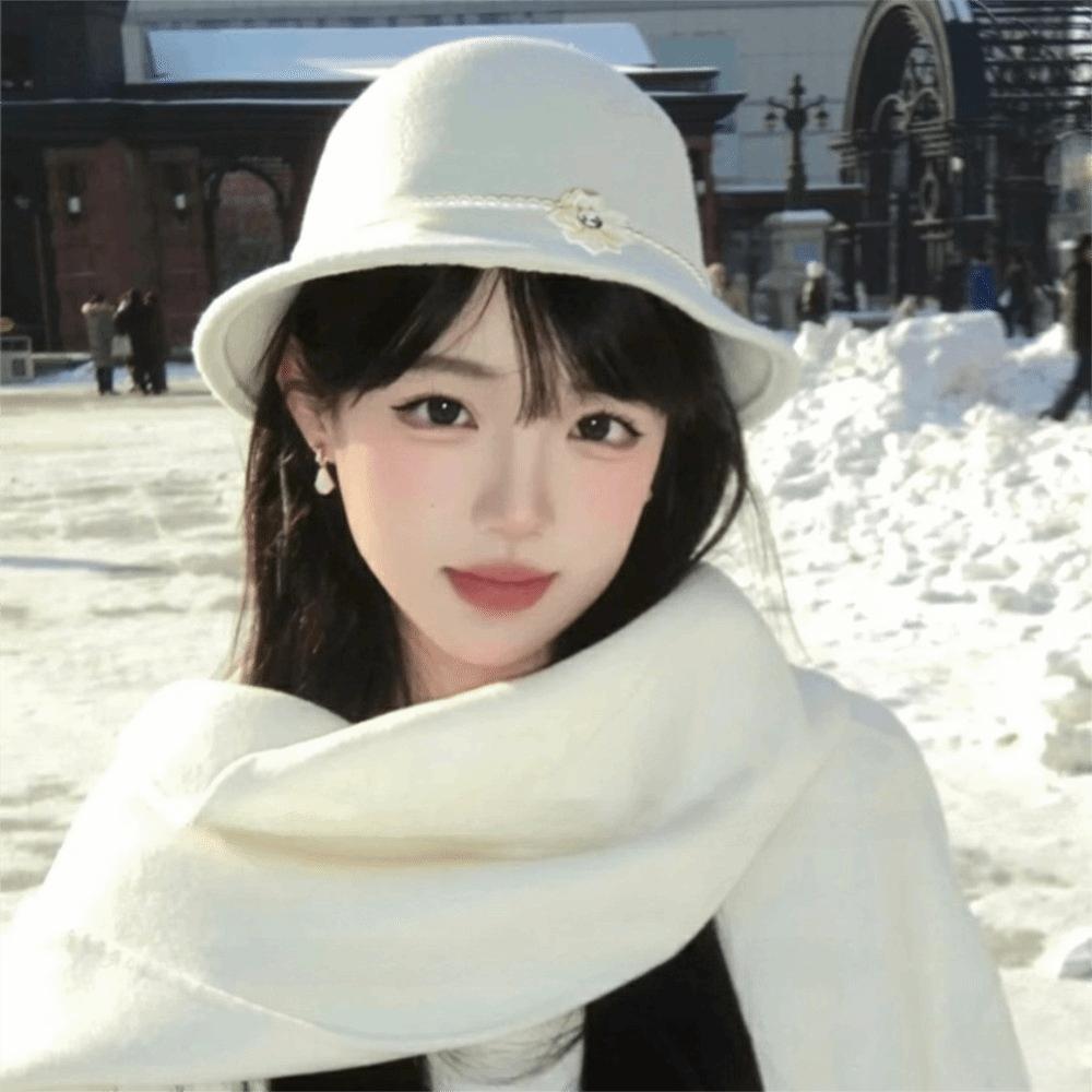 French Style Fisherman Hat Solid Color Woolen Bucket Hat Elegant Flower Topper Hat  Autumn Winter