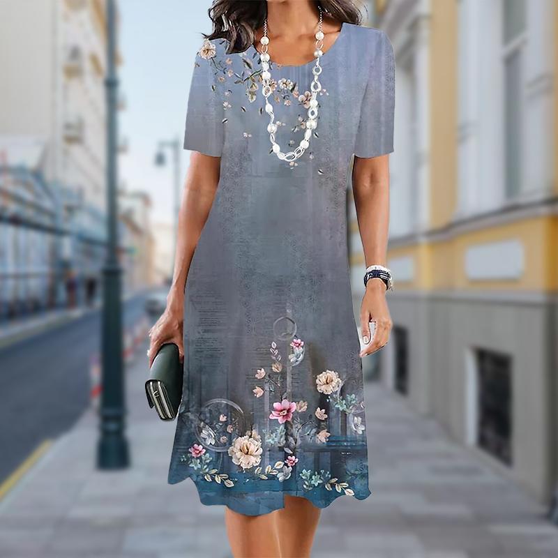 Модное женское свободное изящное платье-трапеция с цветочным принтом и коротким рукавом и принтом листьев