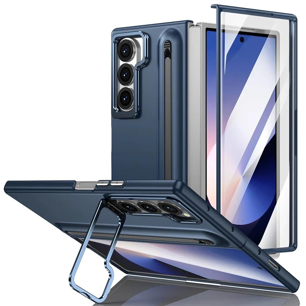 Роскошный Бизнес-чехол со слотом для стилуса и подставкой для Samsung Galaxy Fold 7 6 5 4, со встроенной защитной пленкой из закаленного стекла, противоударный прочный чехол