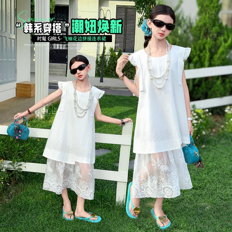 Girls' Summer Korean Style Flying Sleeve Lace Patchwork Dress