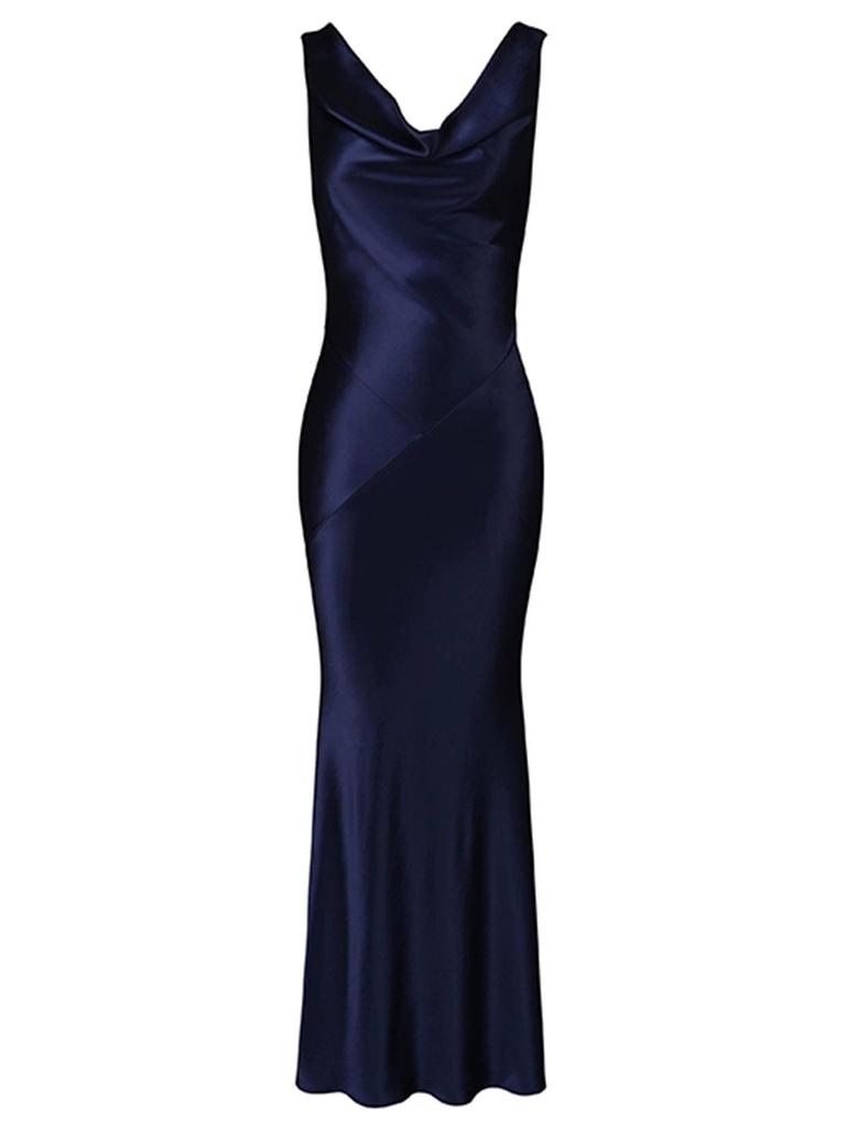 Элегантное атласное платье с драпировкой на шее без спинки от Haute Couture