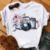 Vintage Camera With Flowers Print T Shirt Women Lovely Tees Shirt Femme Summer Tops Female Casual T Shirt Girls Clothes