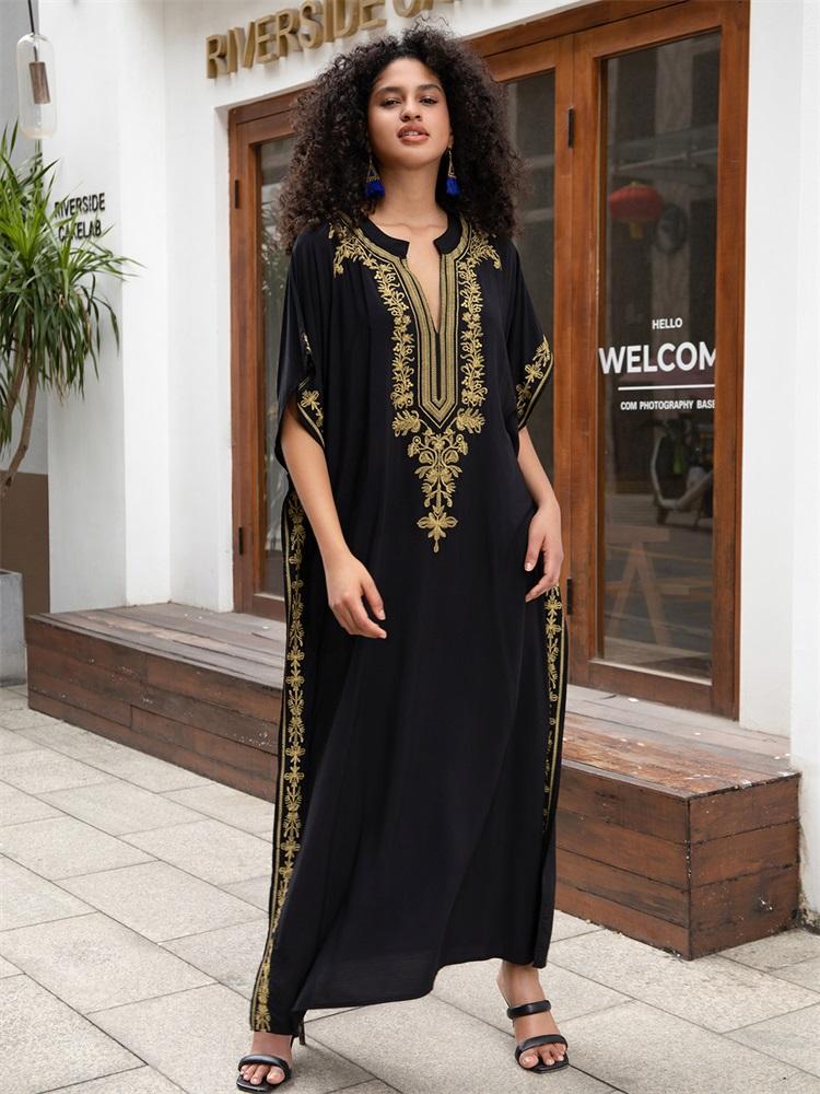 EDOLYNSA 2024 Women's Elegant Premium Gold Thread Embroidery Plus Size Kaftan Dress Summer Sexy Deep V Neck Short Sleeve Beachwear Swimwear Coverups