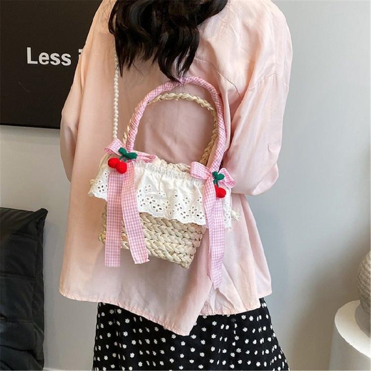 Cute Bowknot Woven Straw Handbag Beach Ruffle Lace Pearl Chain Crossbody Bag