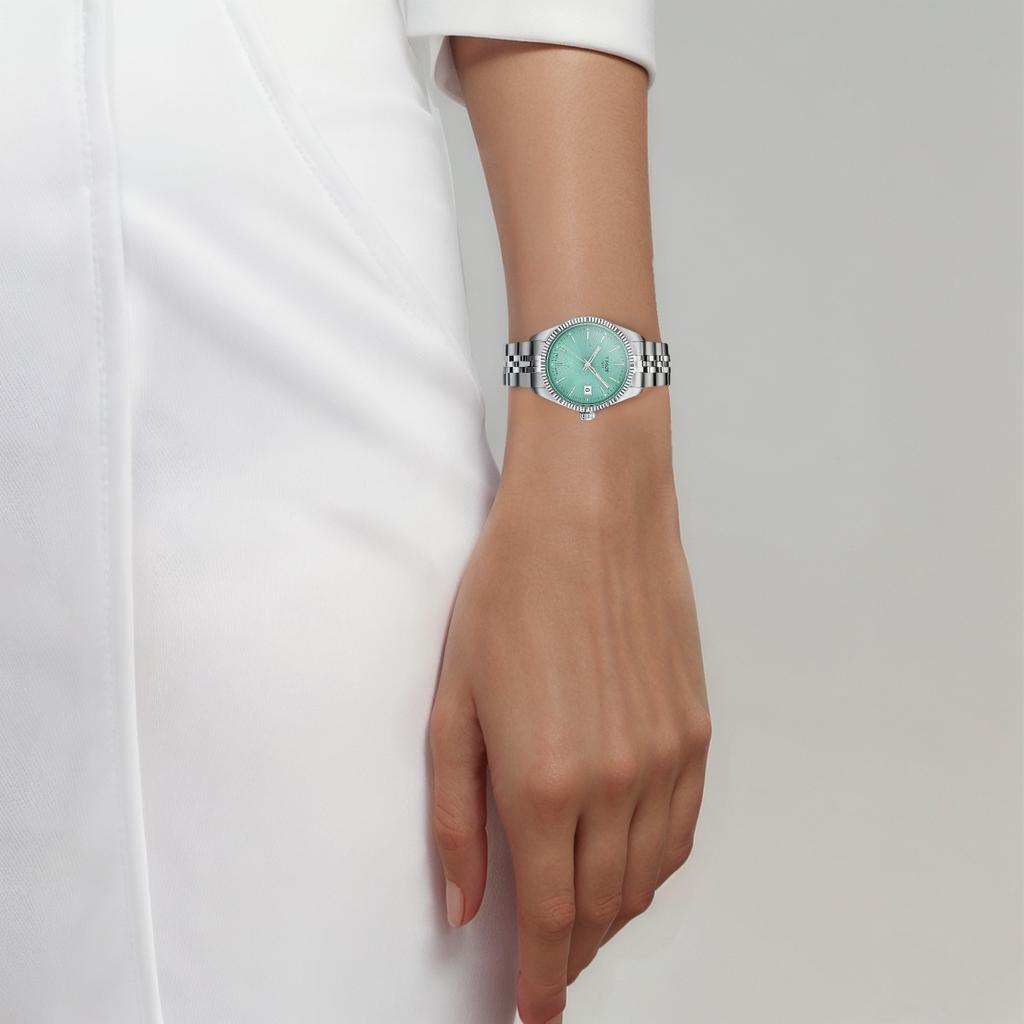 Tissot Женские часы Halo Collection с кварцевым механизмом 34 мм Зеленый циферблат Корпус из нержавеющей стали Стальной ремешок T1562101109100