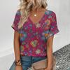 2024 женская футболка с v-образным вырезом в стиле ретро, ​​футболка с цветочным принтом кешью, летняя модная популярная футболка с короткими рукавами для отдыха