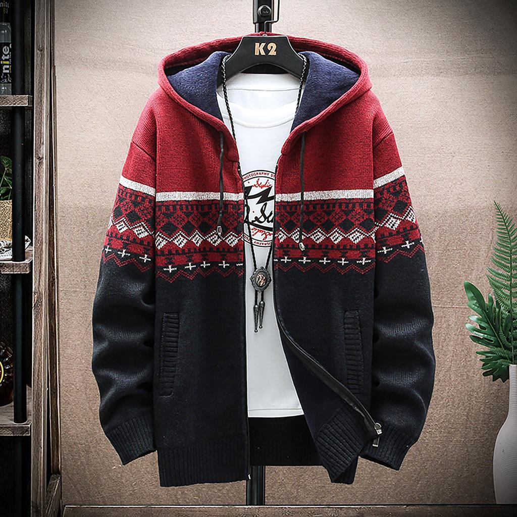 Men's Fall And Winter Casual Sweater Jacket Warm Knit Sweater Hooded Hoodie