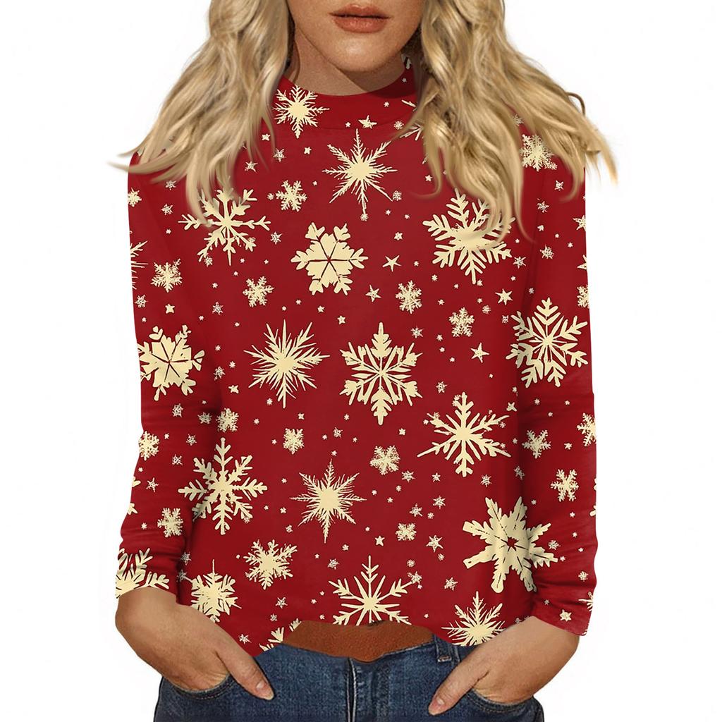 Women Fall Casual Long Sleeve Shirts Sweatshirt Vintage Printed High Neck Top Pullover