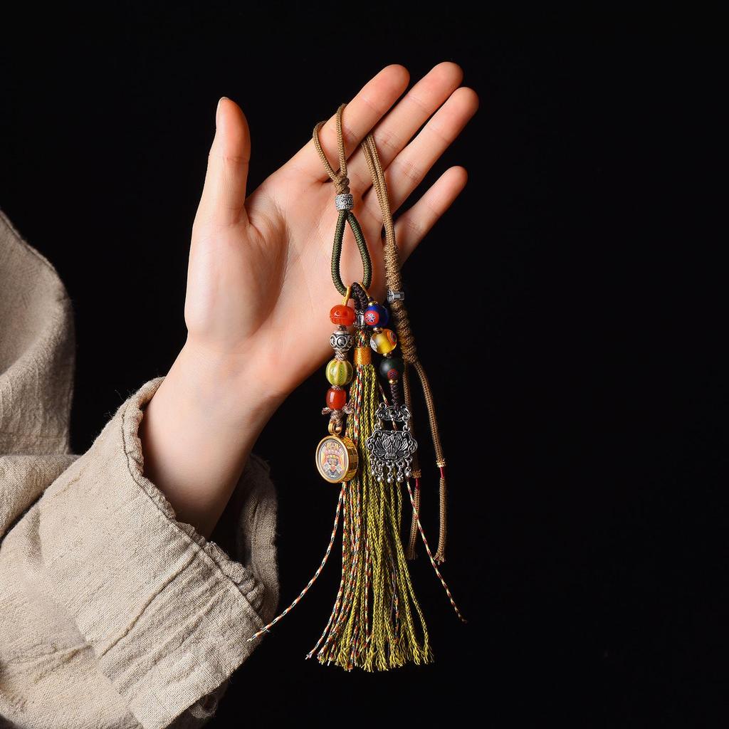 Tibetan Handwoven Pendant with Tassel and Meteorite Glass, Thangka and Car Hanging Accessory