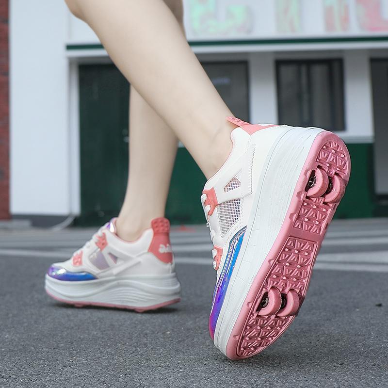 Детские роликовые коньки с четырьмя колесами, съемная плоская спортивная обувь для девочек, розовые роликовые коньки, спортивная обувь, розовые кроссовки