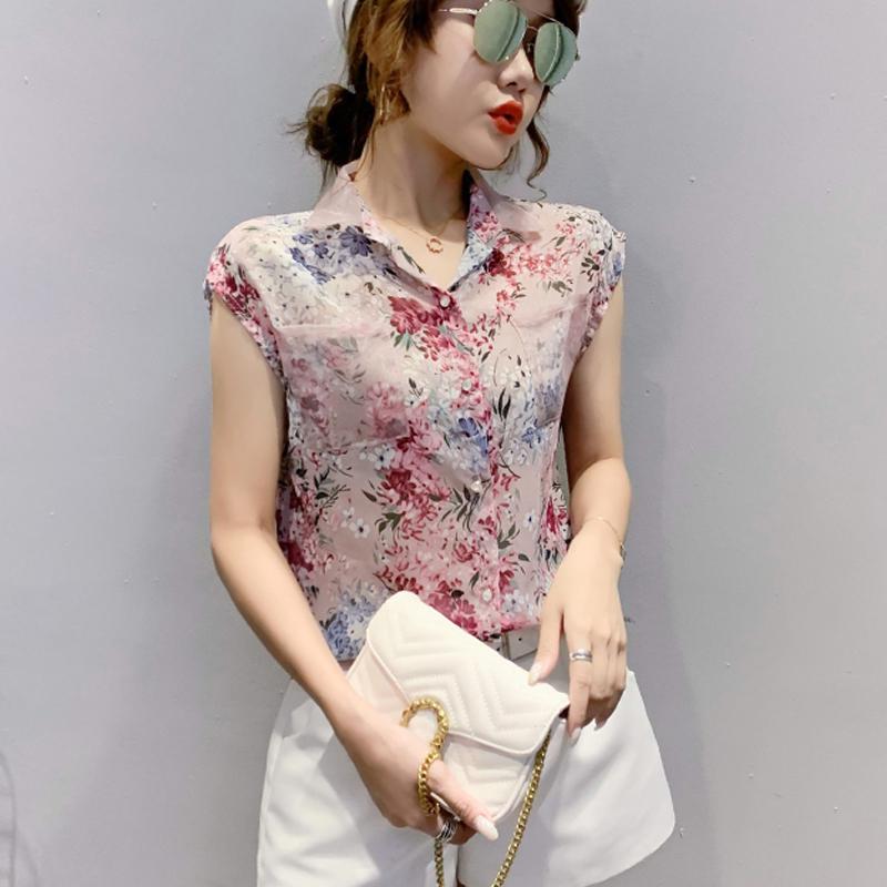 2020 Summer Floral Chiffon Women Shirts Casual Sleeveless Print Blouse Women Plus Size Cardigan