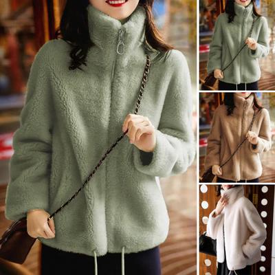 Женская пушистая флисовая куртка с длинными рукавами, воротником-стойкой, полной застежкой-молнией, шерпа-пальто, теплая куртка на осень-зиму с карманами