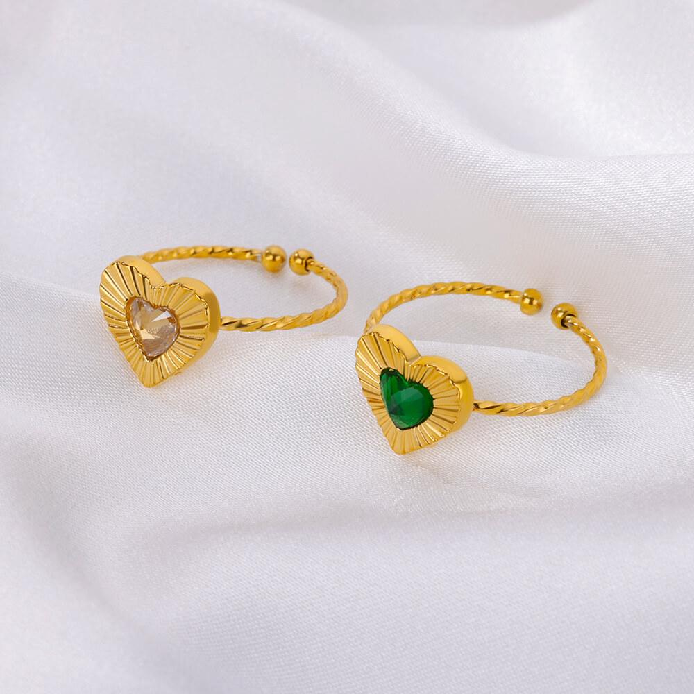 Зеленые кристаллы кольца сердца для женщин открытый регулируемый золотой цвет нержавеющая сталь кольцо модные ювелирные изделия свадебный подарок