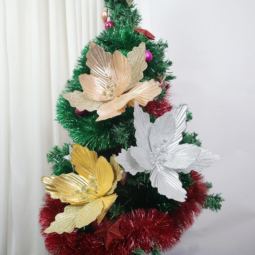 Simulated Christmas Tree Flowers Glossy Fabric Rose Gold Flower Picks Decoration Bright Color Artificial Flowers Wreath