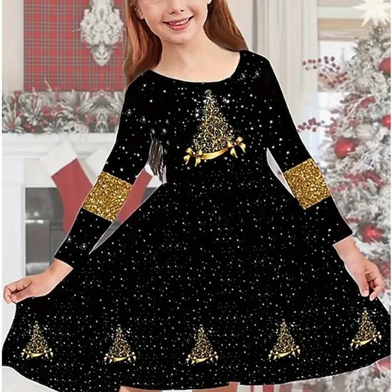 Повседневное платье для девочек с принтом рождественской елки, снежинки, единорога, круглым вырезом и длинными рукавами, детское платье принцессы