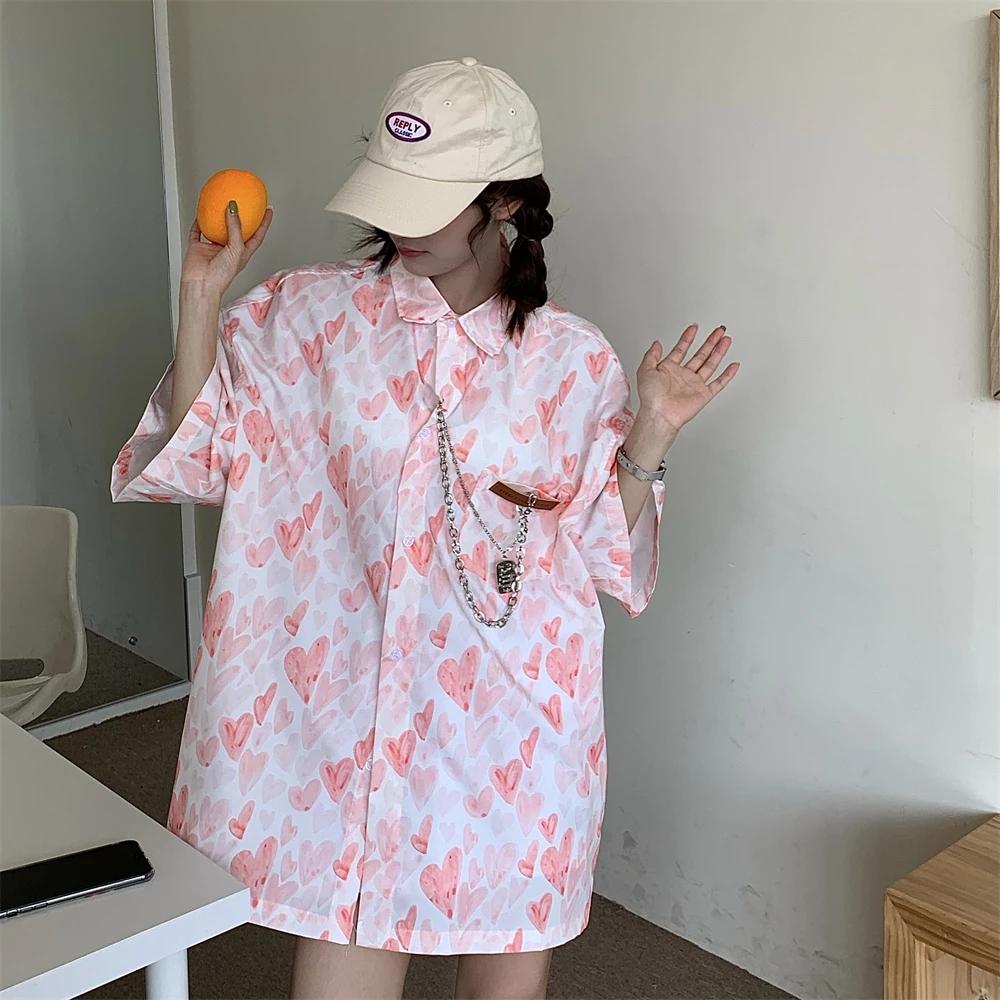 Harajuku Streetwear Vintage Heart-shaped Printing Design Short Sleeve Casual Loose Chain Single Breasted Oversized Blouses Shirt