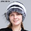 JINGERYA Winter Rabbit Fur Caps for Women Fox Fur Floral Natural Rex Fur Hats Elastic Beanies Warm Fashion Ladies Snow Hat