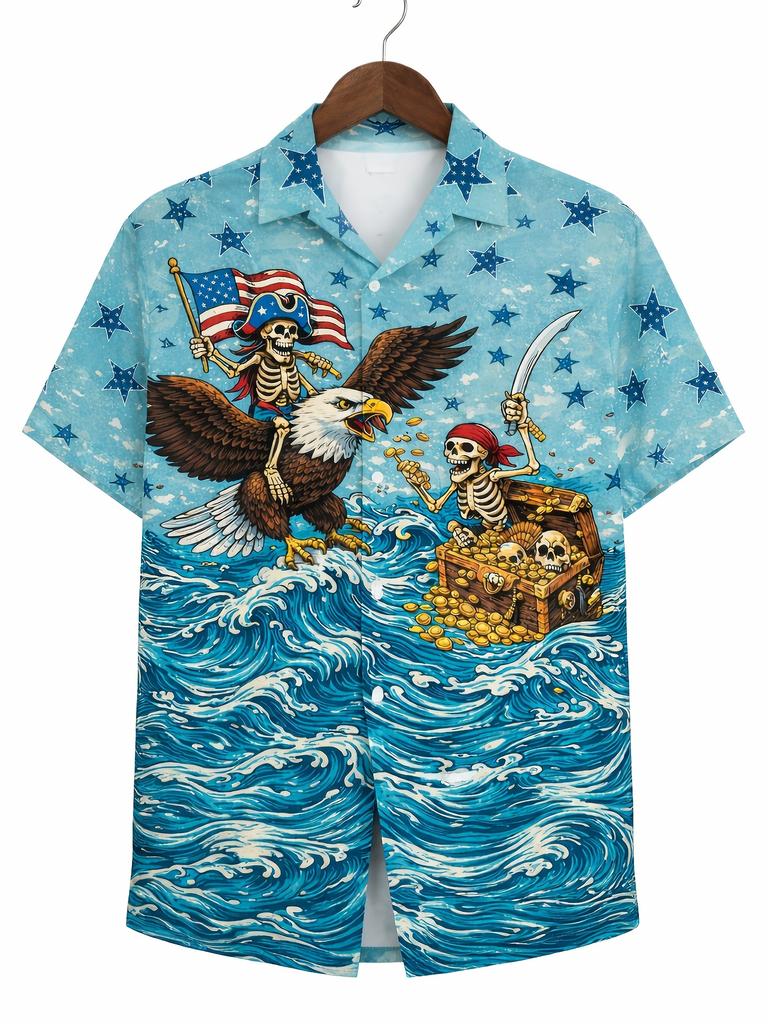 Men And Women Teenager Skull Shark Hawaiian Shirt, Patriotic American Flag Shark Aloha Shirt, Fun Pirate Skull Summer Beach Button Shirt, Plus Size