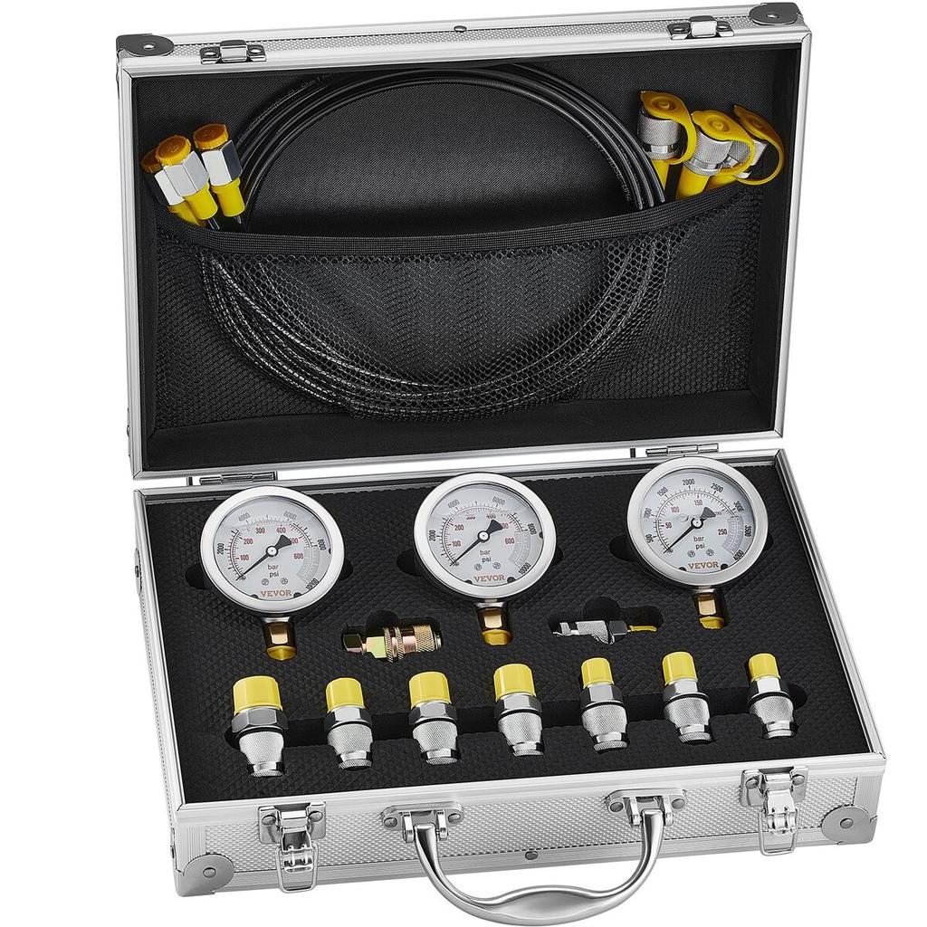 Hydraulic Pressure Test Kit, 250/400/600bar, 3 Gauges 9 Test Couplings 3 Test Hoses, Excavator Hydraulic Test Gauge Set with Portable Carrying Case