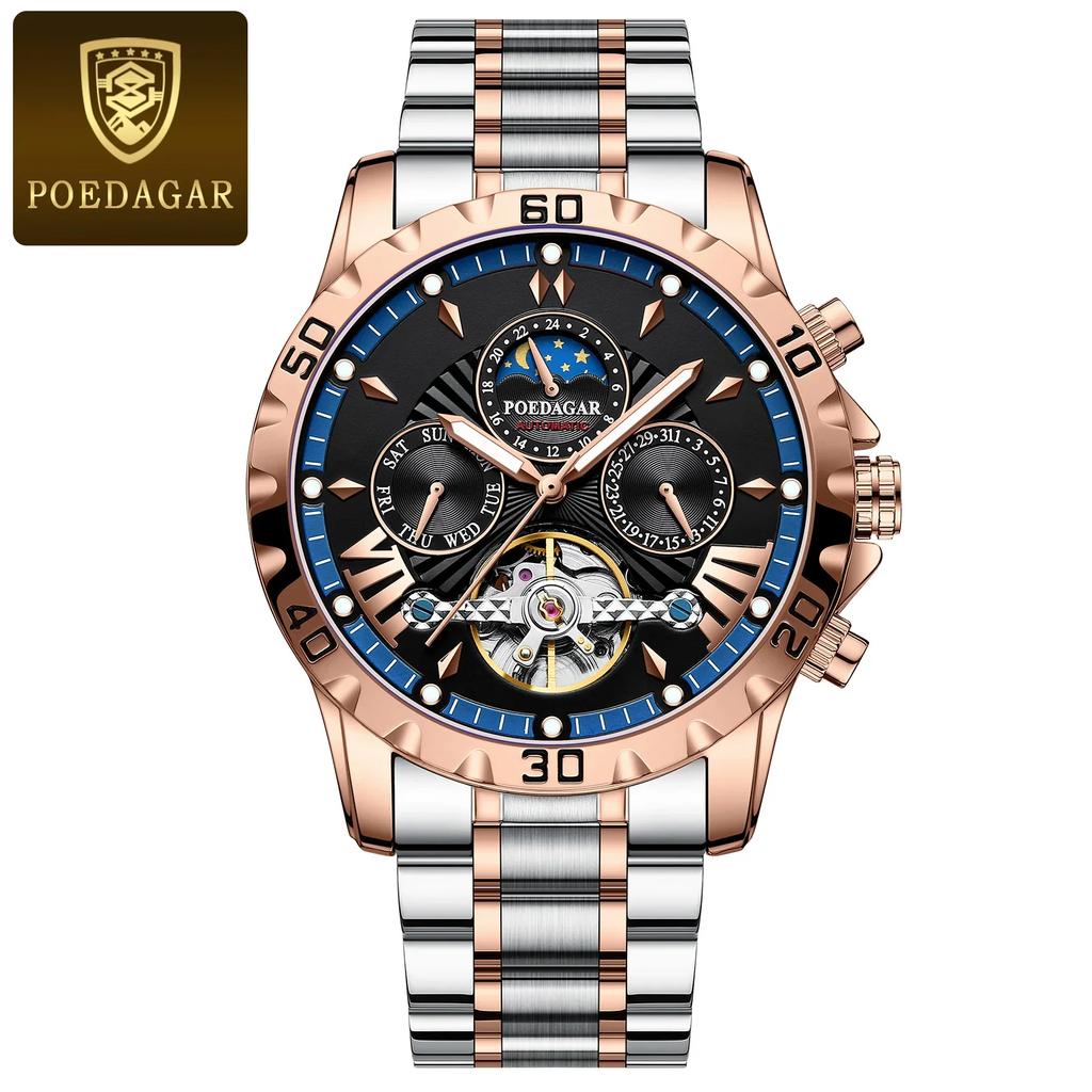 Dual Calendar Men's Fully Automatic Tourbillon Hollow Mechanical Watch Fashionable Waterproof Luminous Moon Phase Dial Men's Business Mechanical Watch