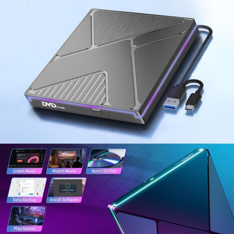 External Disc Drive with Color Lighting USB3.0 and Type C Port Fast Speed 24X Burning Reader Wide Compatibility