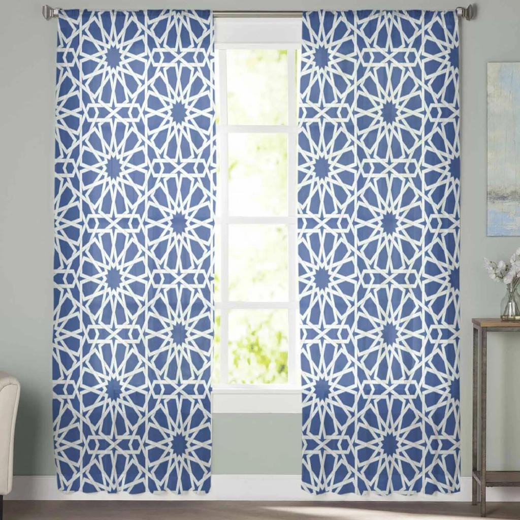 Прозрачные оконные шторы с абстрактным геометрическим узором индиго для гостиной, кухни, детской спальни, вуаль, подвесная занавеска