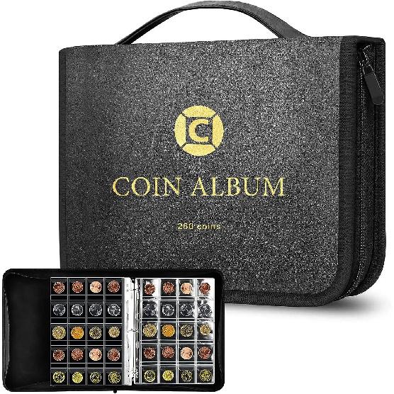 Coin Collection Book Holder for Collectors, 260 Pockets Coins Collecting Album with Zipper and Handle. Coin Display Storage bag