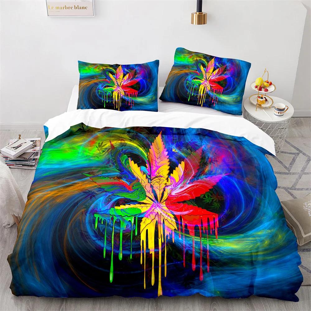 Weed Green Leaf Duvet Cover Watercolor Purple Blue Polyester King Queen Maple Leaf Duvet Cover For Women Men Bedroom Decoration
