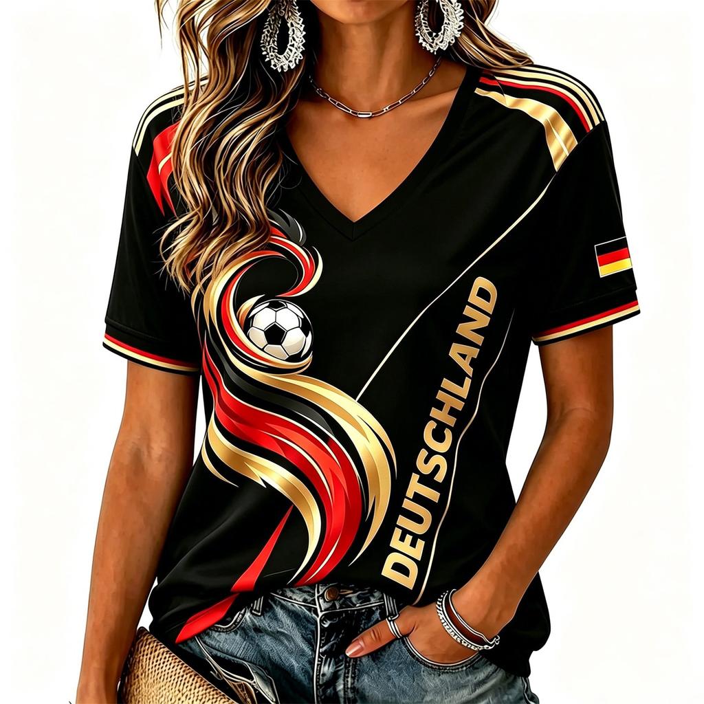 Women V Neck T Shirt Short Sleeve Casual Tee Top Germany Inspired Graphic Print Lightweight Summer Blouse