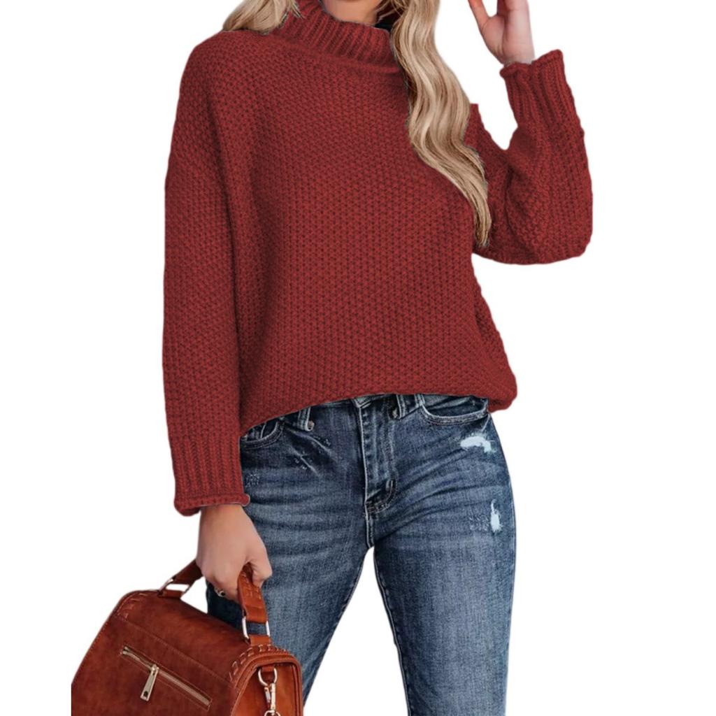 Модный женский вязаный свитер с высоким воротником, длинными рукавами и подвернутым краем