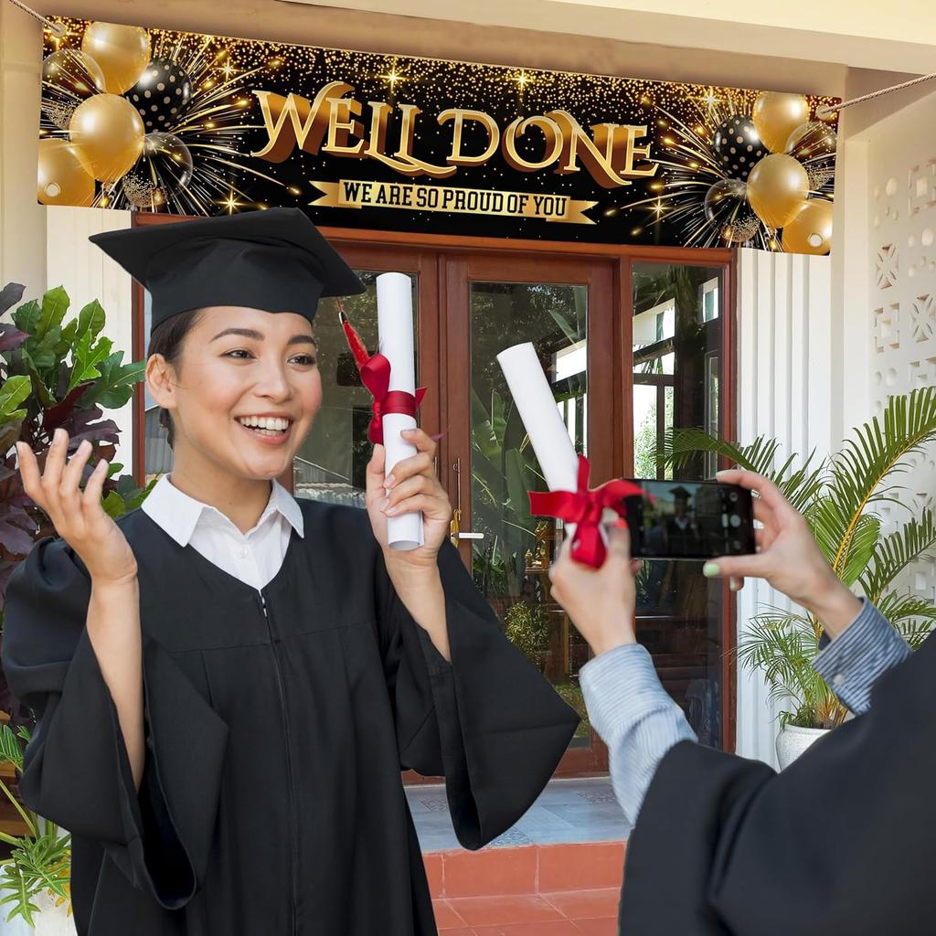 Well Done Congratulations Banner - We Are so Proud of You - Graduation Decorations for Prom - 6 x 1.3ft (Black and Gold)