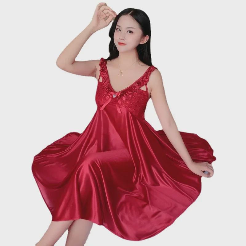 Женская ночная рубашка Ice Silk с V-образным вырезом - сексуальная летняя пижама