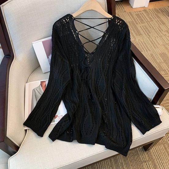 Women Knitting Hollow Design Tops V-Neck Straps Collar Long Sleeve Pullover Tops Solid Color