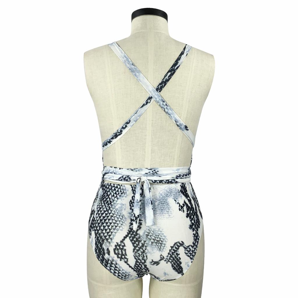 Summer Women Bikini Vintage Printed Deep V Neck Printing Backless One-piece Swimsuit