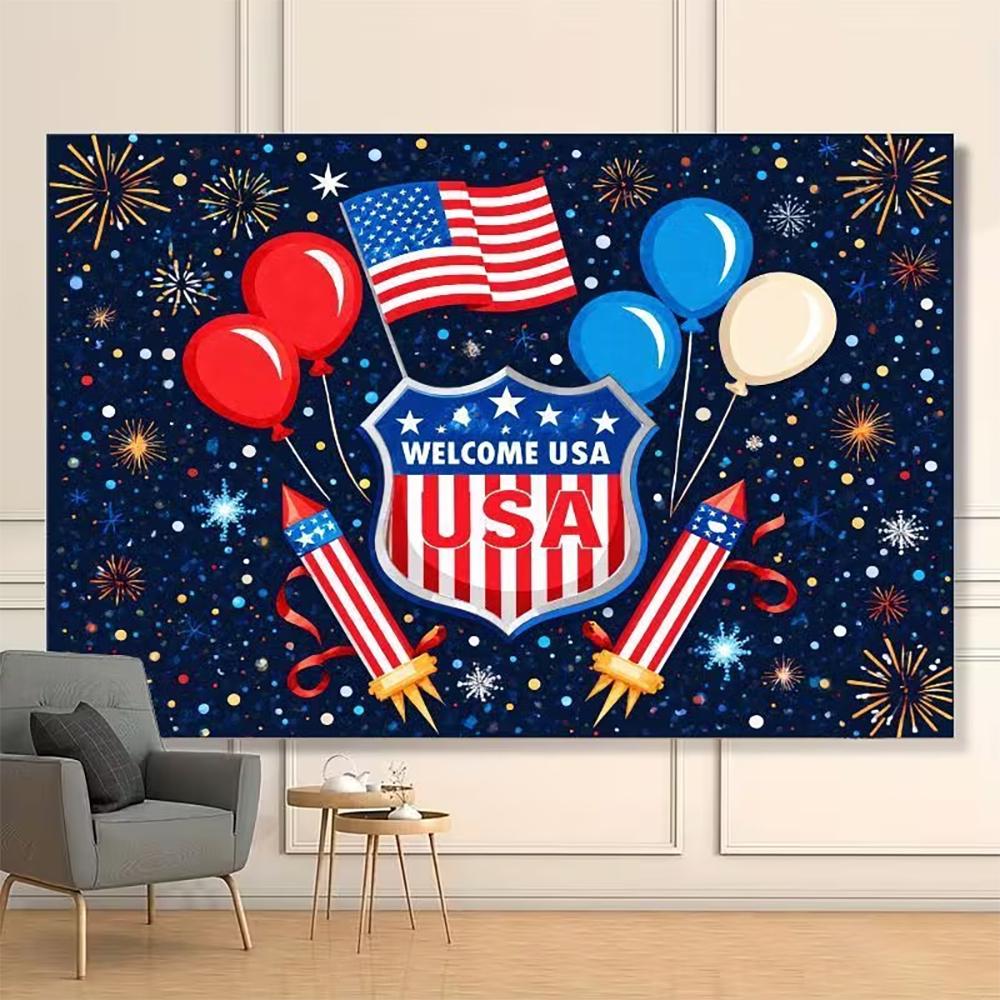American flag photographic backdrop, red, white and blue stripes, vintage truck, party decoration, banner2884