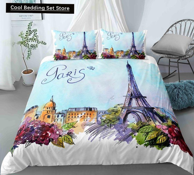 Пододеяльник с изображением парижской башни King Queen Знаменитые здания во Франции Комплект постельного белья для взрослых Розовый Романтический 2/3 шт. Полиэстеровый пододеяльник