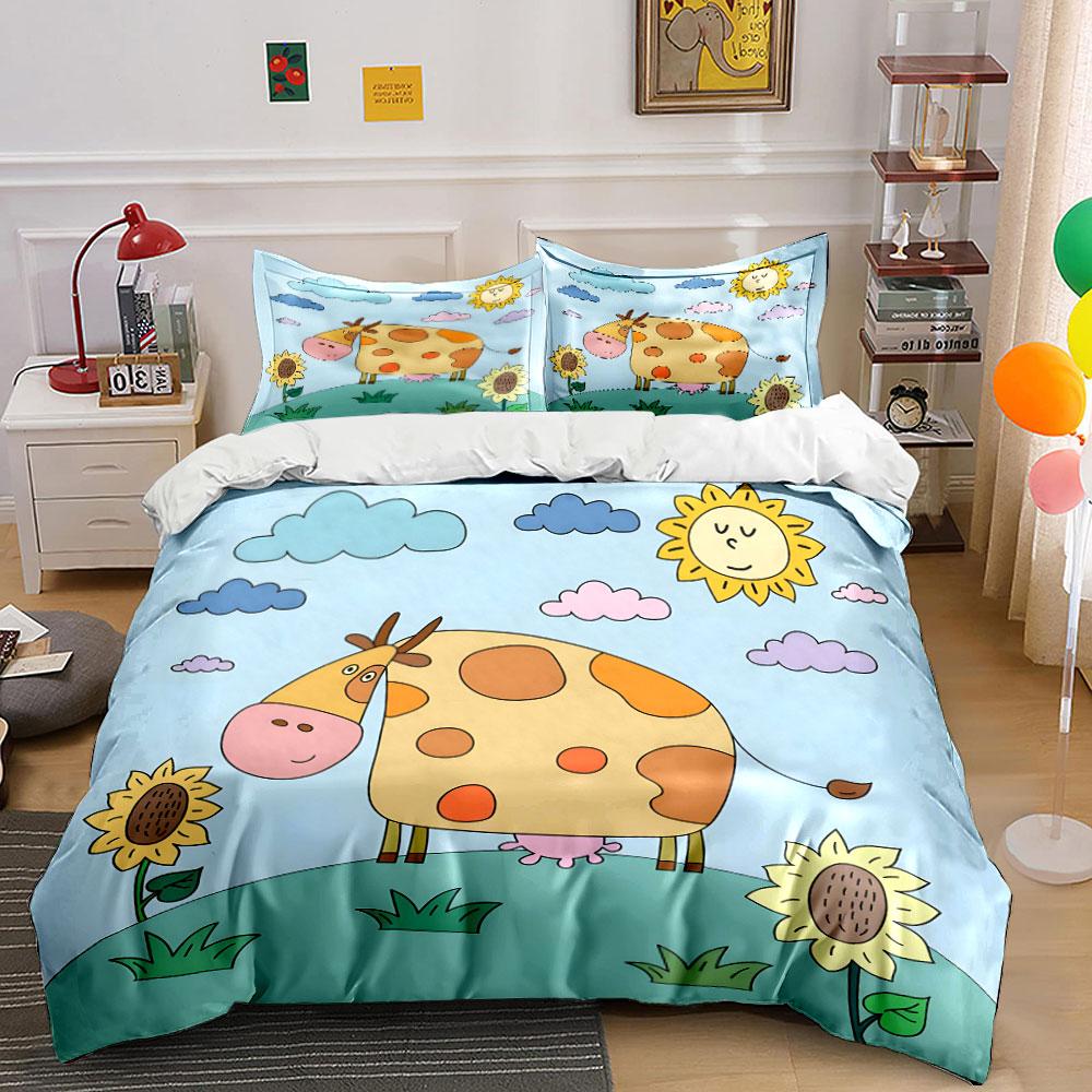 Cute Cartoon Cow and Sunflowers Bedding Duvet Cover Set (1*Duvet Cover 2*Pillowcases, without duvet insert)