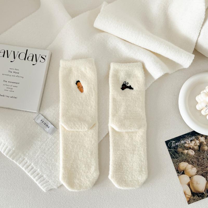 Cute AB Asymmetrical Embroidered Cartoon Women's Socks for Autumn and Winter, Australian Fleece Sleep Thickened Floor Socks